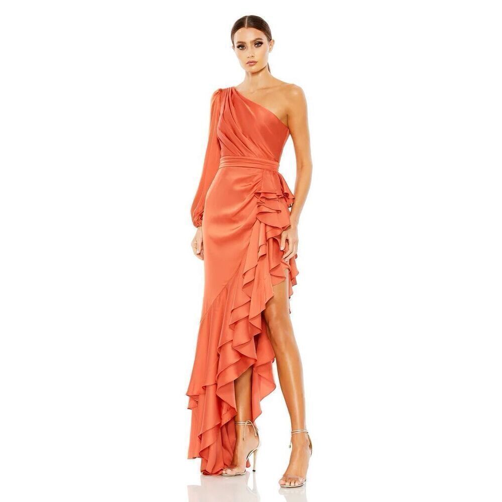 Mac Duggal ONE SLEEVE CUT OUT ASYMMETRICAL RUFFLED GOWN NEW